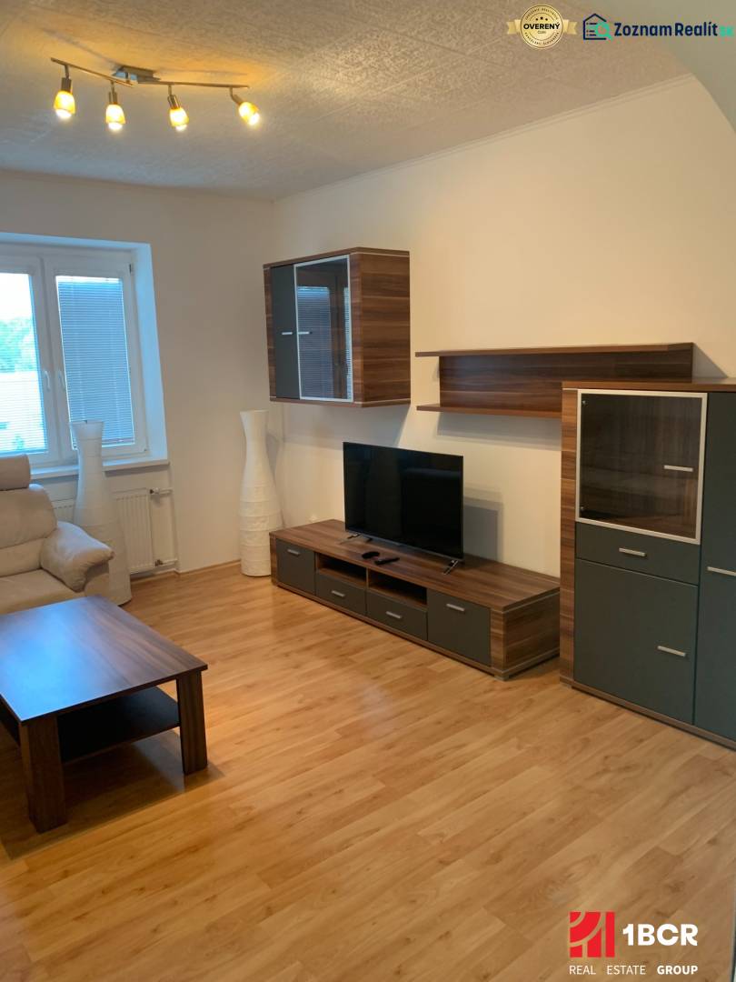 PRIESTRANNÝ 2-IZB BYT V UZAVRETOM AREÁLI, MIEROVÁ KOLÓNIA, NOVÉ MESTO - Obývacia izba 2-izbového bytu s podlahou s dreveným dekorom a televíziou.