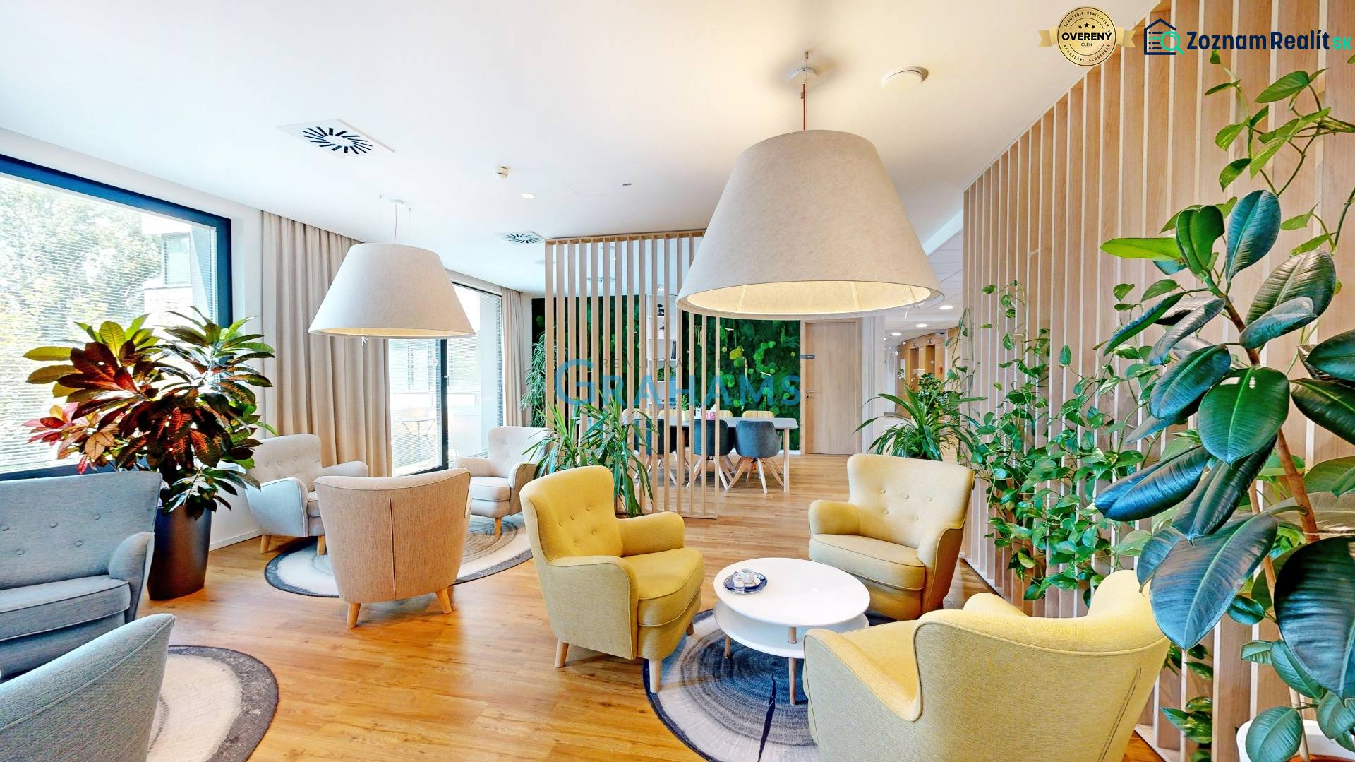 3D, prenájom, unikátne kancel. priestory Zuckermandel, Staré Mesto - Svetlé kancelárie s pohodlnými kreslami, veľkými rastlinami a podlahou s dreveným dekorom.