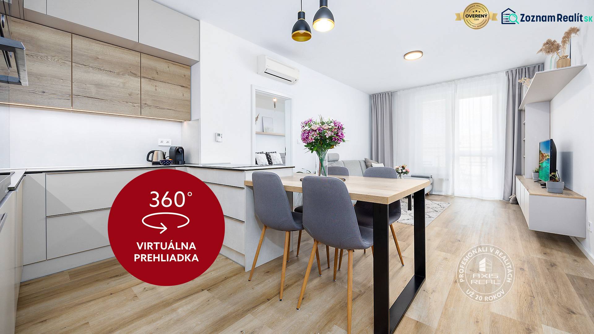 TOP lokalita na začiatku Petržalky, DVE VEŽE, Bosákova ul. - Interiér 2-izbového bytu s kuchynskou linkou, jedálenským stolom a podlahou s dreveným dekorom.