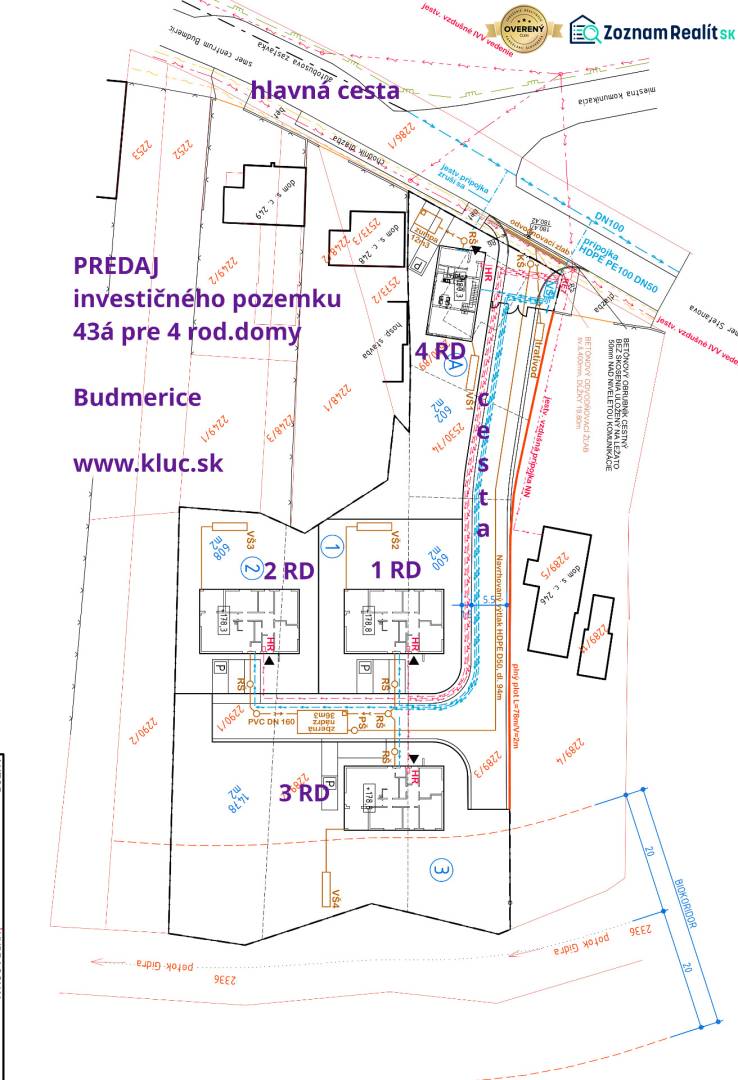 Novinka: Ponuka pre investorov: 4 stavebné pozemky s úz.rozhodnutím. - Plán pozemkov v Budmericiach pre štyri rodinné domy na predaj.