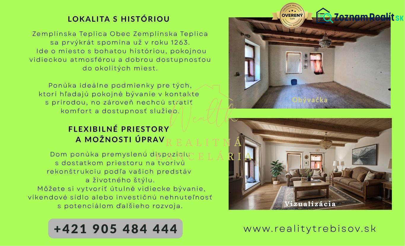 Vidiecky dom v Zemplínskej Teplici - Dispozícia rodinného domu s obývačkou a vizualizáciou zariadenia, drevený strop.