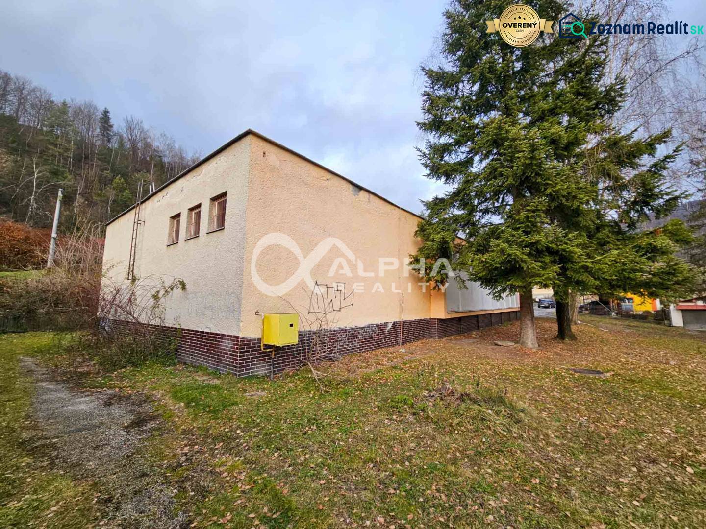 Budova s pozemkom, obec Helcmanovce, okres Gelnica - Budova v Helcmanovciach obklopená zeleňou, vedľa vysokého ihličnanu.