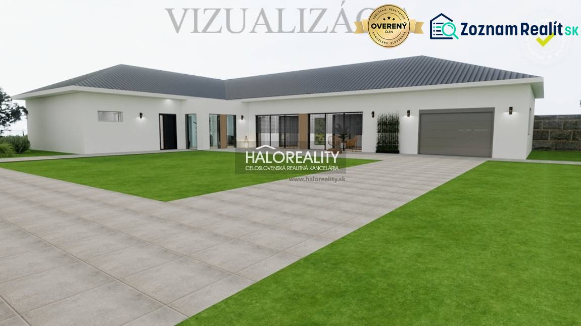 Predaj, rodinný dom Veľký Kýr, šesťizbový s garážou ... - Vizualizácia rodinného domu vo Veľkom Kýre s trávnikom a garážou.