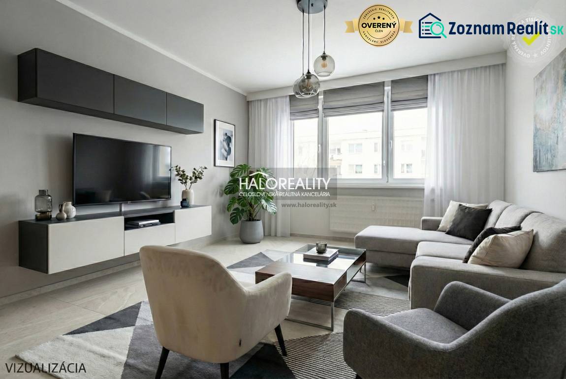 Predaj, trojizbový byt Považská Bystrica, Rozkvet - ... - Obývačka v 3-izbovom byte s veľkou pohovkou, TV, koberec, podlaha s dreveným dekorom.