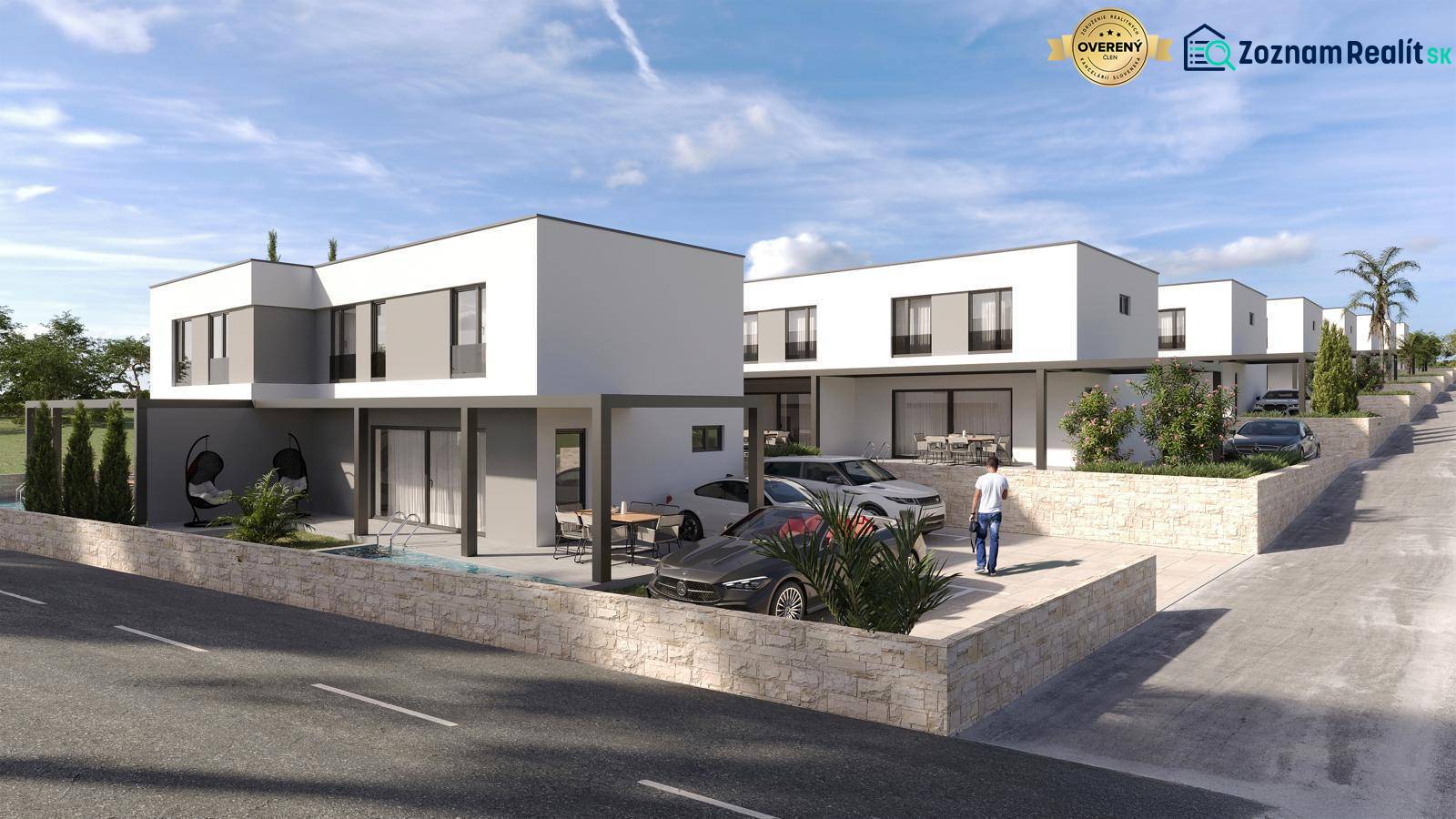 CHORVÁTSKO - Nový apartmánový komplex - MANDRE, ostrov PAG - Radová zástavba moderných domov s bazénom a príjazdovou cestou v Mandre.