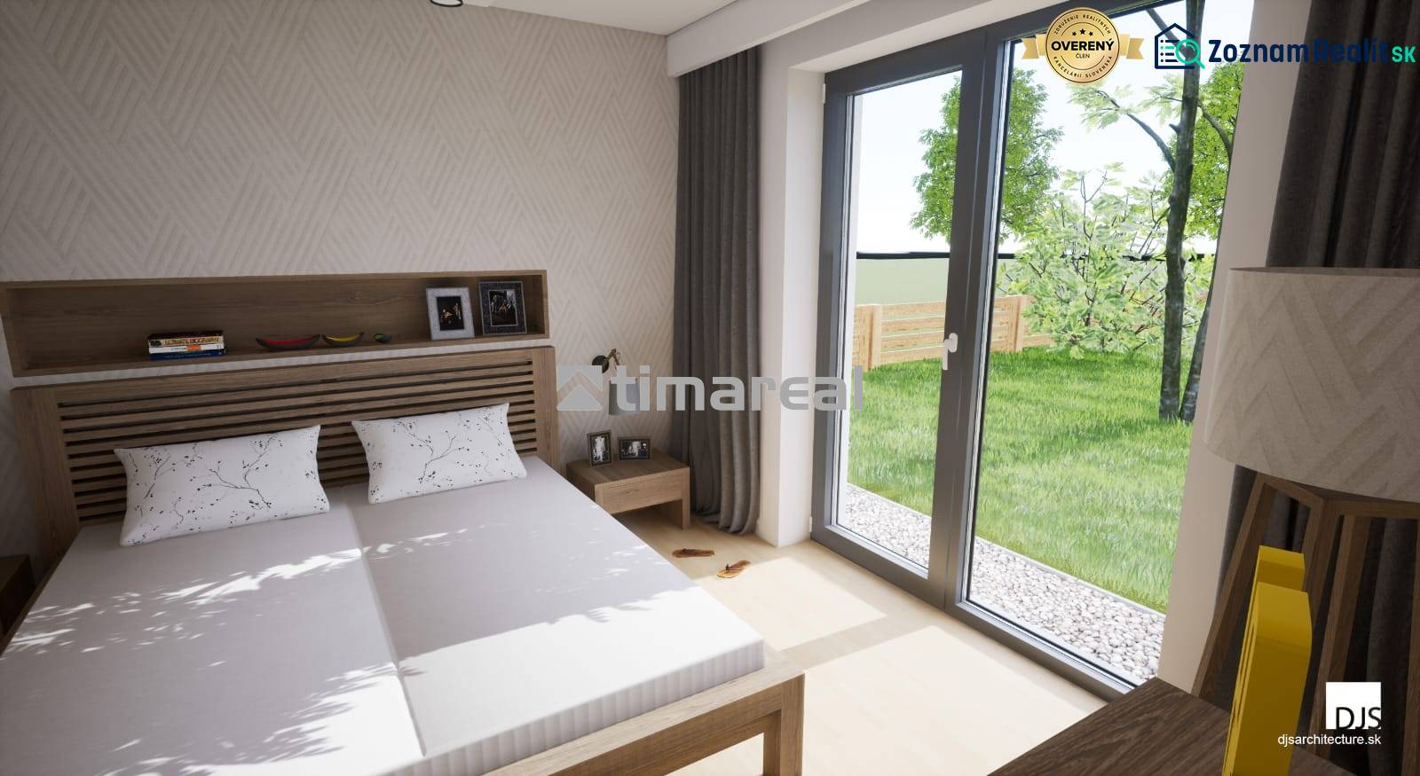 Novostavba moderného 4i domu v Hrubej Borši - Spálňa v rodinnom dome s manželskou posteľou, veľkým oknom a výhľadom do záhrady.