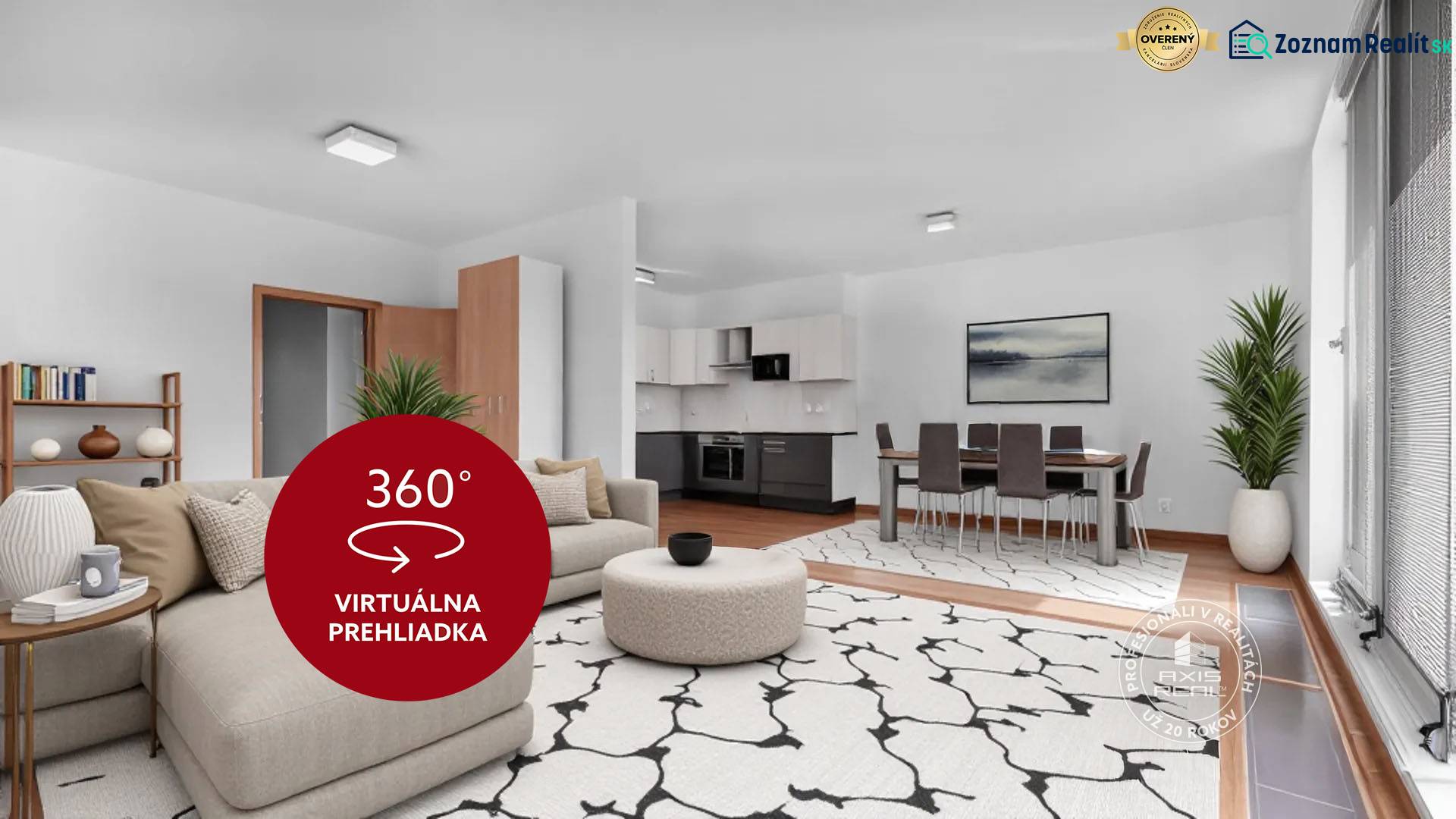 3-izb.byt, 104m2, 2xPARKING, KLIMATIZÁCIA, BALKÓN, CUBICON - Obývacia izba v 3-izbovom byte so sedačkou, jedálenským stolom a kuchynskou linkou.