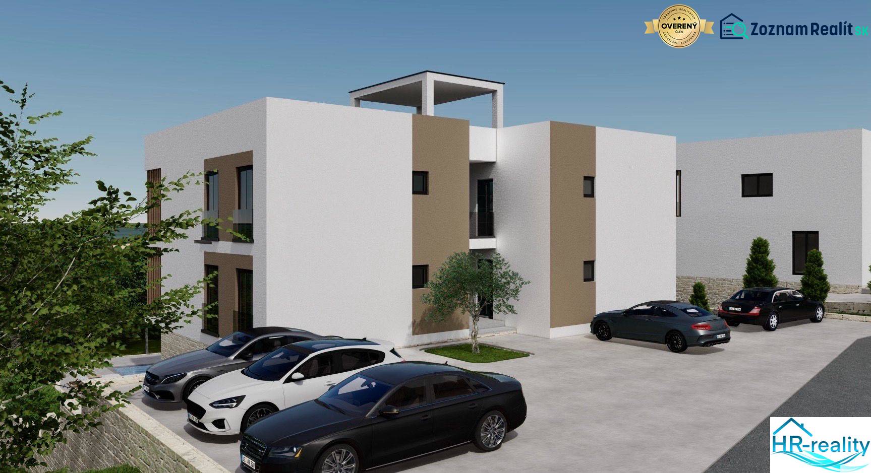 ☀Ciovo/Trogir(HR)-moderné byty v novostavbe s výhľadom na more☀ - Rekreačný apartmán v Ciove so zaparkovanými autami a okolitou zeleňou.