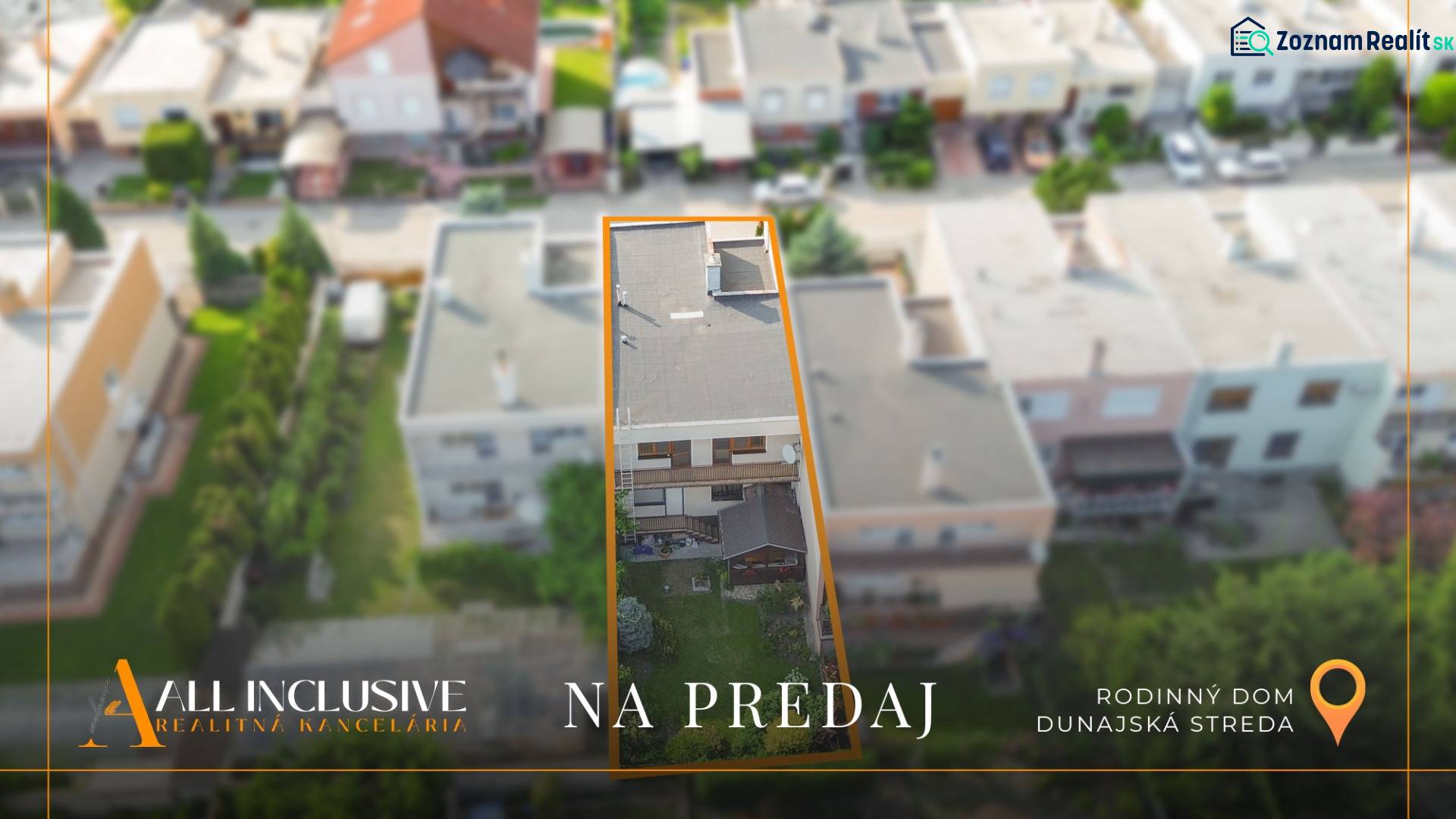 NA PREDAJ 5-IZBOVÝ POSCH. RODINNÝ DOM, DUNAJSKÁ STREDA - Letecký pohľad na rodinný dom v Dunajskej Strede s označenými hranicami pozemku.