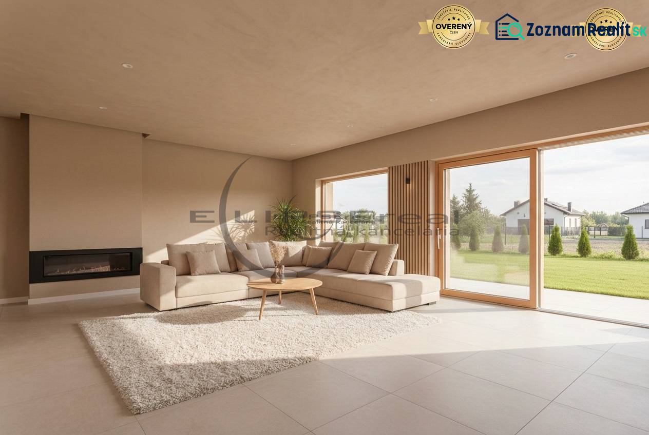 NA PREDAJ NOVOSTAVBA moderný 4-izbový rodinný dom v Malých Levároch - Obývačka rodinného domu s priestrannou pohovkou, krbom a výhľadom do záhrady.
