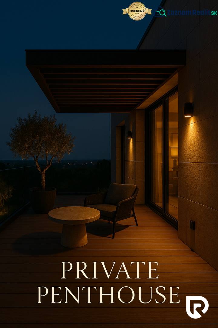 Panoramatická mezonetová rezidencia s terasami – Staré Mesto - Osvetlená terasa s pohľadom na noc v 5 a viac izbovom byte v Bratislave.