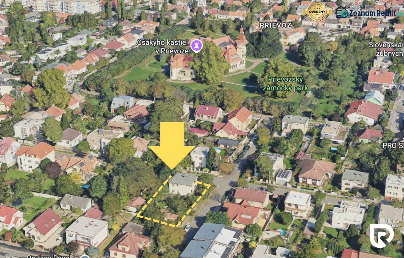 Exkluzívny stavebný pozemok so stavbou Ružinov Prievoz 760 m²  - Letecký pohľad na pozemky na bývanie v oblasti Csákyho kaštieľa, Bratislava - Ružinov.