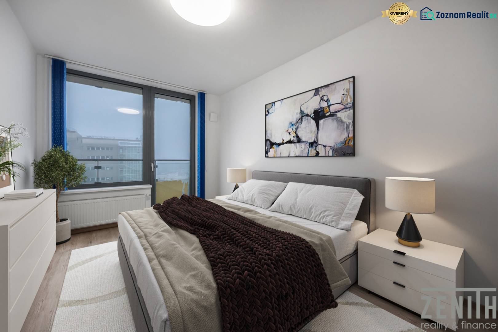 PREDAJ 2-IZBOVÉHO BYTU – NOVOSTAVBA JARABINKY, RUŽINOV - Spálňa v 2-izbovom byte s pohodlnou posteľou, obrazom a lampou na nočnom stolíku.