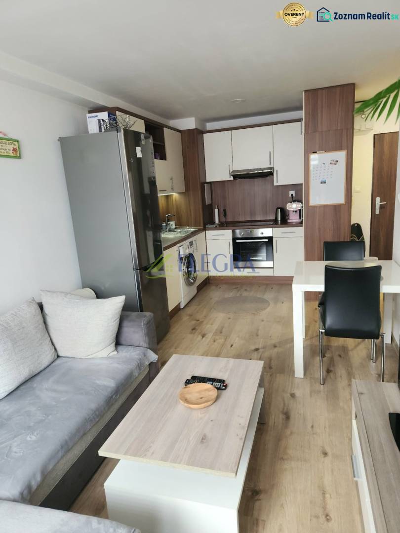 Na prenájom  1,5 izbový byt  Učňovská ulica Šaca - Obývacia izba s kuchynským kútom, pohovkou a podlahou s dreveným dekorom v 2-izbovom byte.