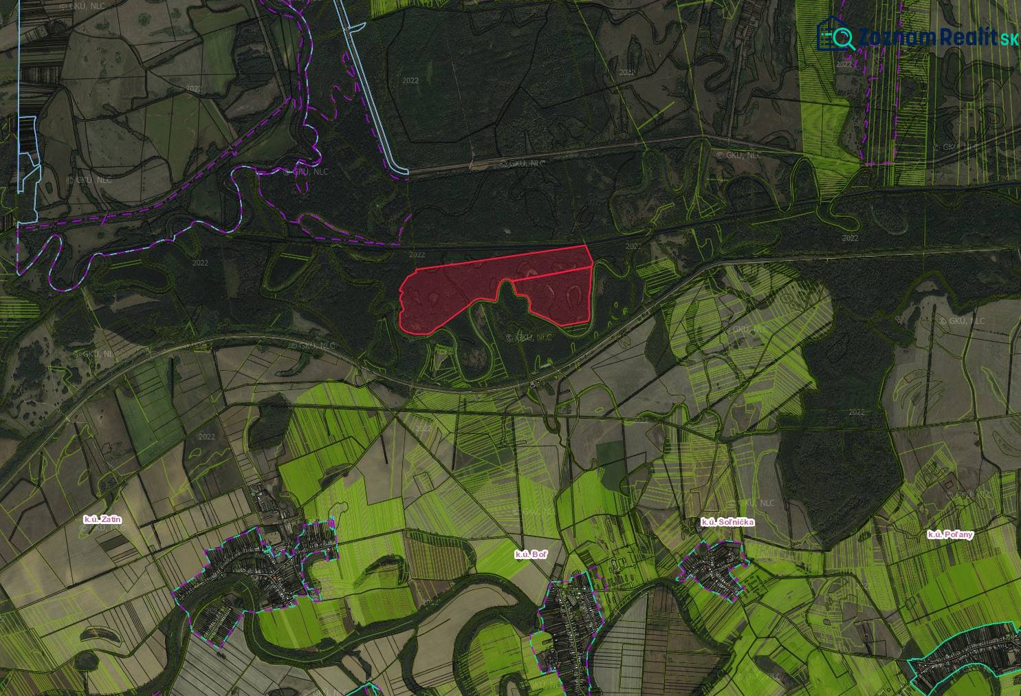Boľ – 1.367 m2 LESNÉ POZEMKY - Mapa poľnohospodárskych a lesných pozemkov v okolí Boľa.