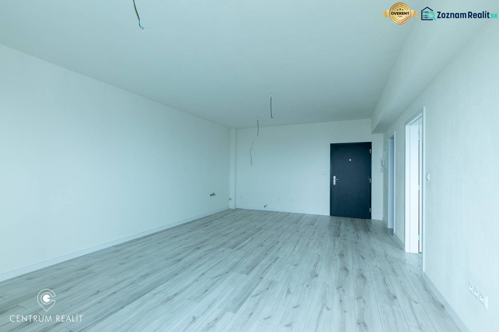 2-izbový byt v novostavbe Diamant Vajnory - Priestranná miestnosť s podlahou s dreveným dekorom, bielymi stenami a čiernymi dverami.