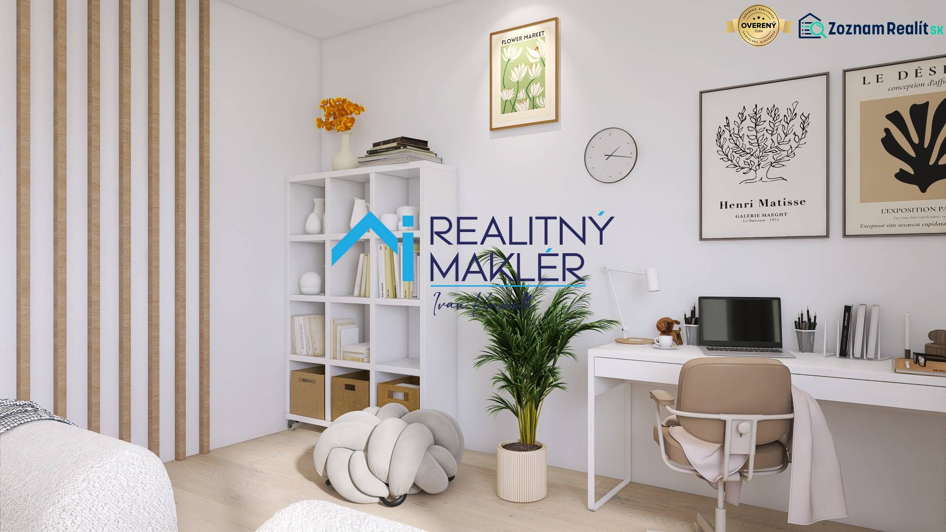 PREDANÉ - 4 izbový byt s loggiou v Petržalke - Pracovný kútik v 3-izbovom byte s dekoráciami, rastlinou a bielym nábytkom.