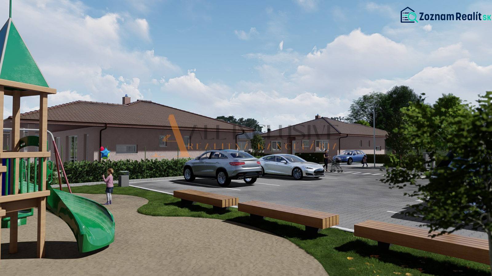 POSLEDNÁ NOVOSTAVBA - HOLODOM | PRÁZNOVCE - Detské ihrisko pri rodinnom dome, v Práznovciach, v Topoľčanoch, s parkoviskom a autami.