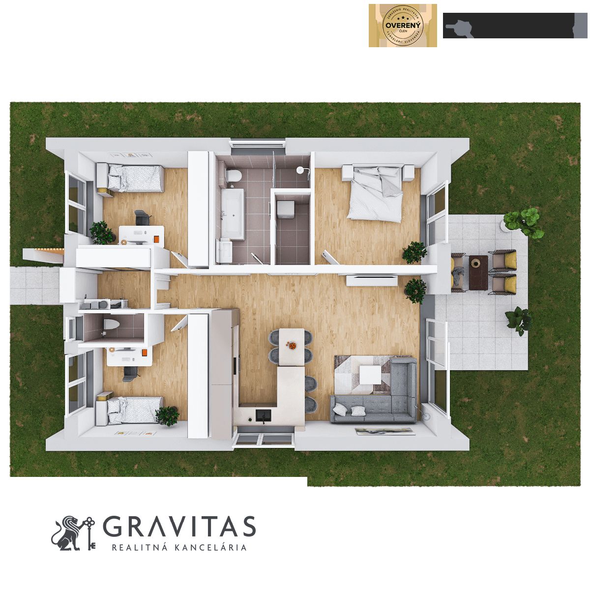 Na predaj nový 4-izbový rodinný dom (Typ ALEX-51) - Pôdorys moderného bungalovu s izbou, kúpeľňou, kuchyňou a obývačkou, vhodný pre rodinný dom.