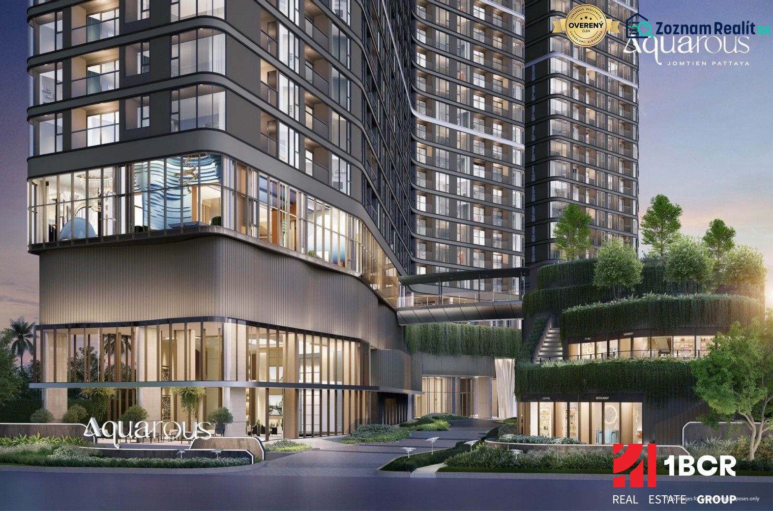 AQUAROUS JOMTIEN PATTAYA - Moderná výstavba bytov s presklenými fasádami, okrasnou zeleňou a schodiskom v záhrade.