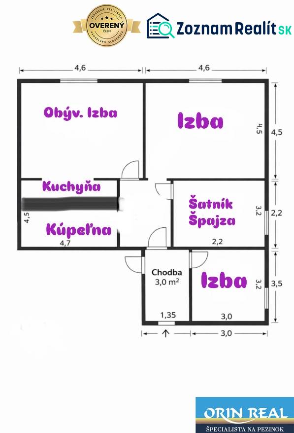 Na predaj kompletne zrekonštruovaný RD Bernolákovo -Trnavská - Pôdorys rodinného domu s miestnosťami: obývacia izba, kuchyňa, izby, kúpeľňa, špajza.