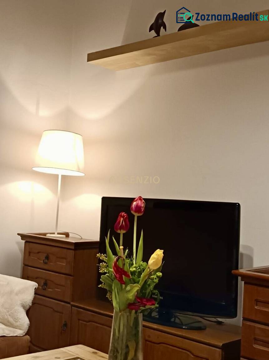 – PRENAJOM – 3 IZBOVÝ BYT – STARE MESTO  - 3-izbový byt s drevenými skrinkami, televízorom, lampou a kyticou tulipánov.