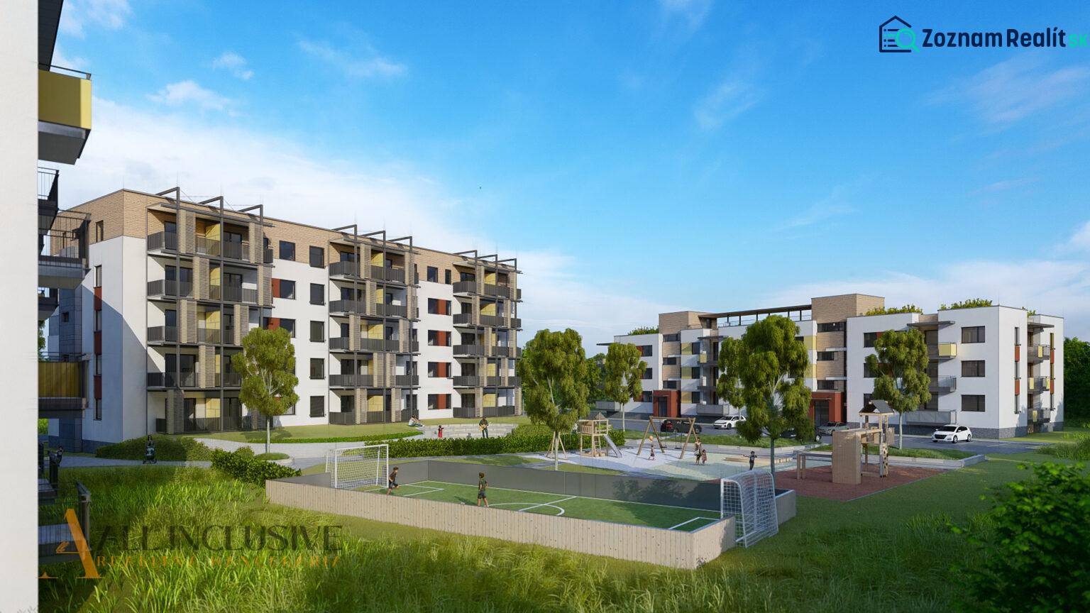 NA PREDAJ 3 IZBOVÉ BYTY DUNAJSKÁ STREDA - Na ulici Júliusa Lőrincza vidieť bytové domy s ihriskom, ideálne pre 2-izbový byt.
