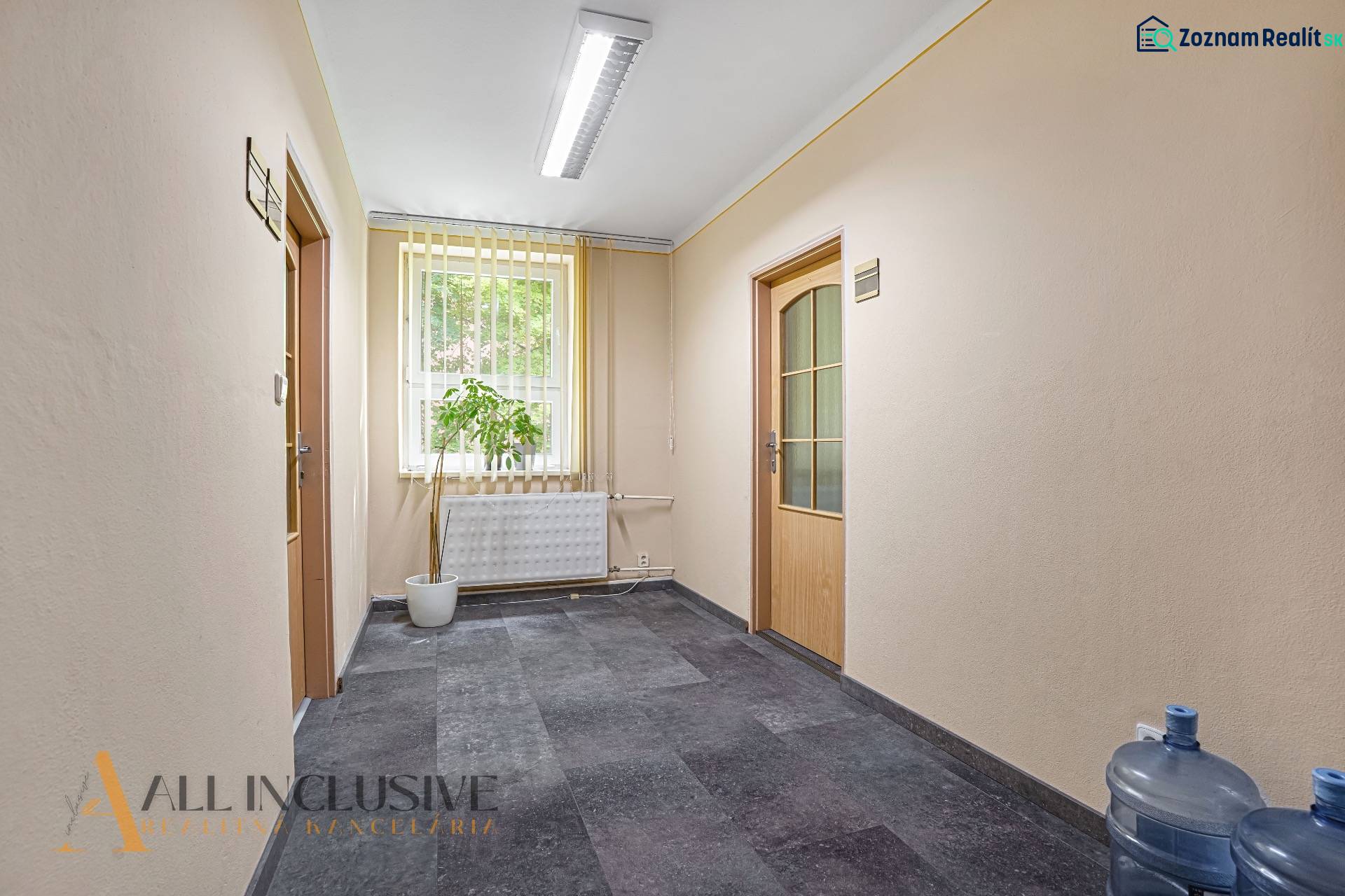 NA PRENÁJOM KANCELÁRSKE PRIESTORY V CENTRE MESTA DU.S. - Chodba vo vstupnej oblasti kancelárie s kvetinou a nesenou vodou.