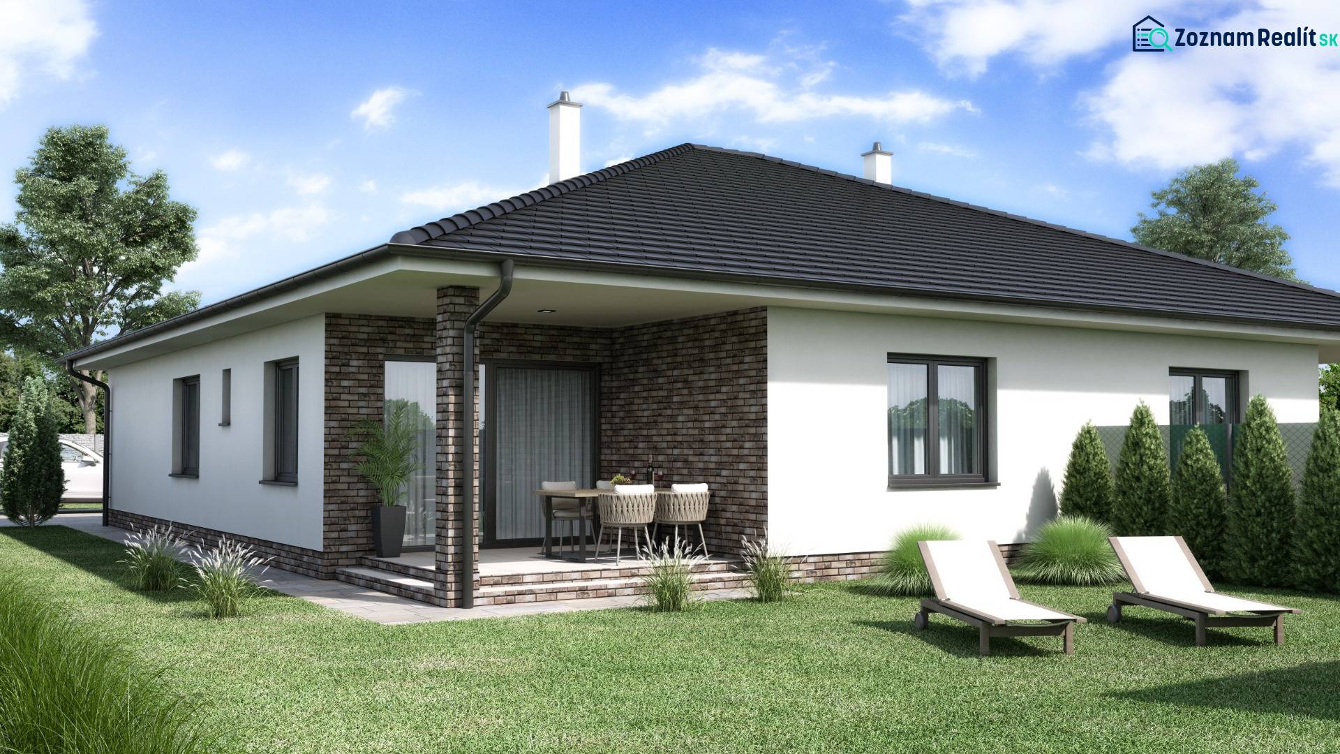 NA PREDAJ 4-IZB. ROD.DVOJDOM | FLORIDA PARK,DUN.STREDA - Rodinný dom na ulici Florida Villa Park v Dunajskej Strede so záhradným nábytkom a lehátkami.