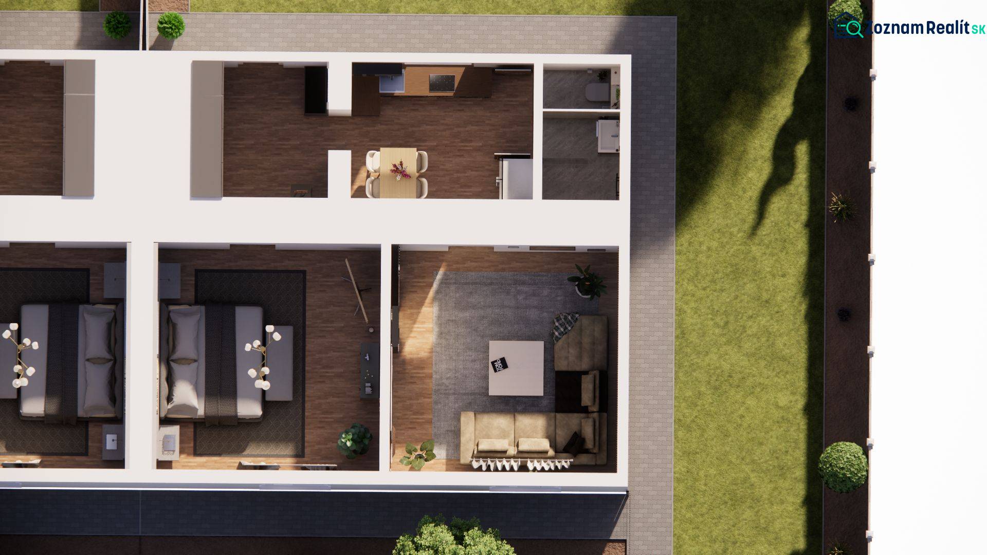 NA PREDAJ 3-IZBOVÝ RD (ČASŤ DVOJDOMU), ZEMIANSKA OLČA - Pôdorys rodinného domu so záhradou, podlaha s dreveným dekorom, dve izby, kuchyňa.