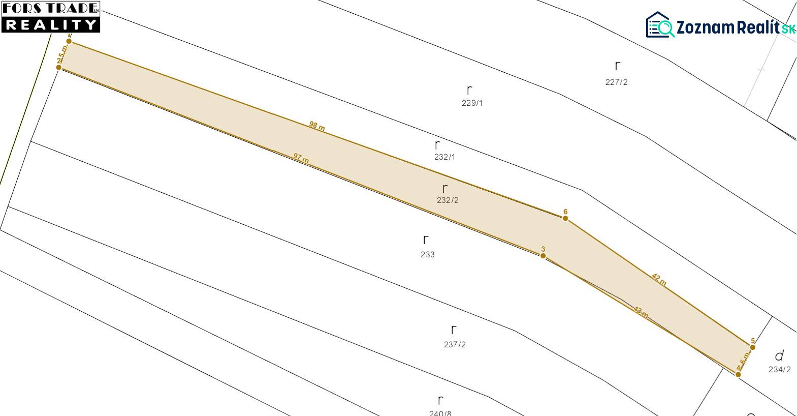 Predám pozemok v Tešedíkove - 994m2  - Mapa pozemkov na bývanie v Tešedíkove, zobrazuje parcelu číslo 232/2.