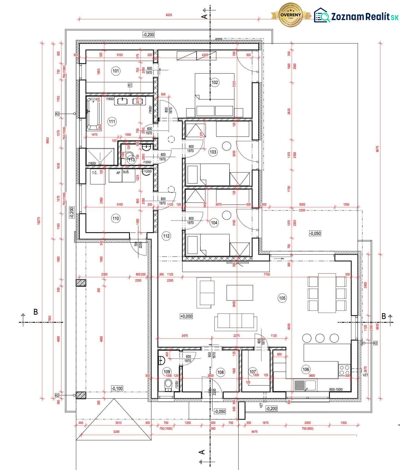 Laprovensalia.sk | Moderný 4-izbový bungalov | Chorvátsky Grob - Pôdorys rodinného domu s izbou, kuchyňou, jedálňou a sanitárnymi zariadeniami.