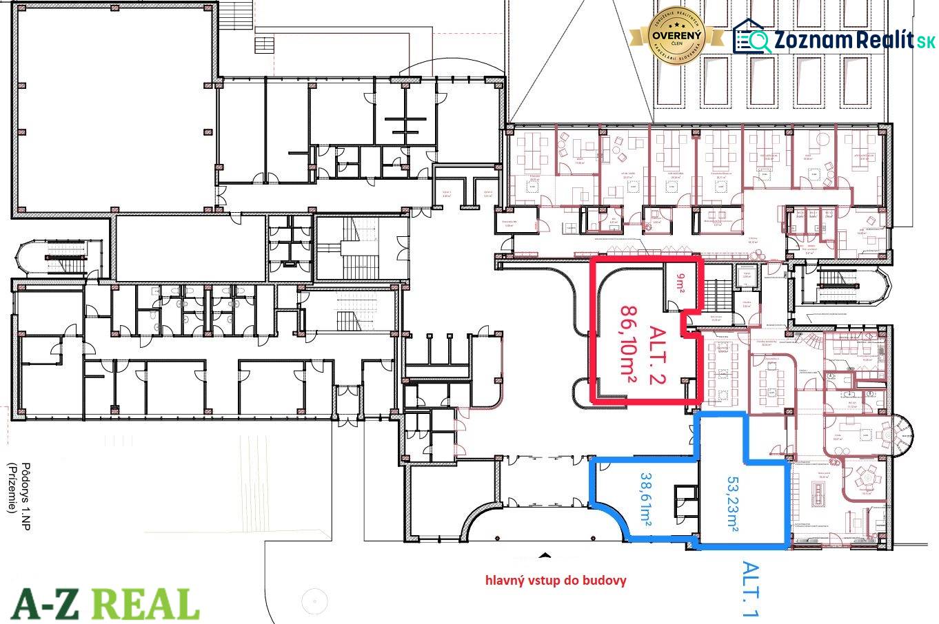 Prenájom kancelárií na prízemí budovy, Ružinov - Pôdorys kancelárskych priestorov s rôznymi rozlohami a usporiadaním miestností.