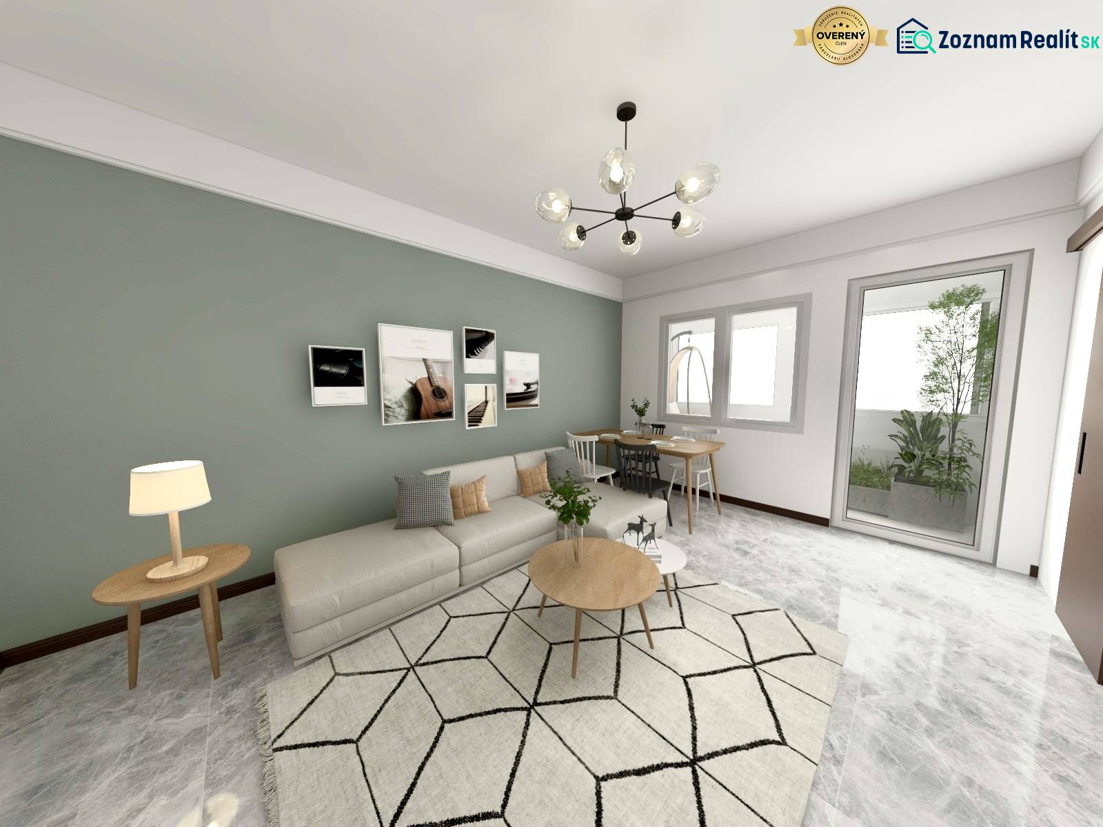 I Predaj 3- izbového bytu v Dúbravke - Obývačka v 3-izbovom byte s pohovkou, stolíkom a umeleckými obrazmi na stene.