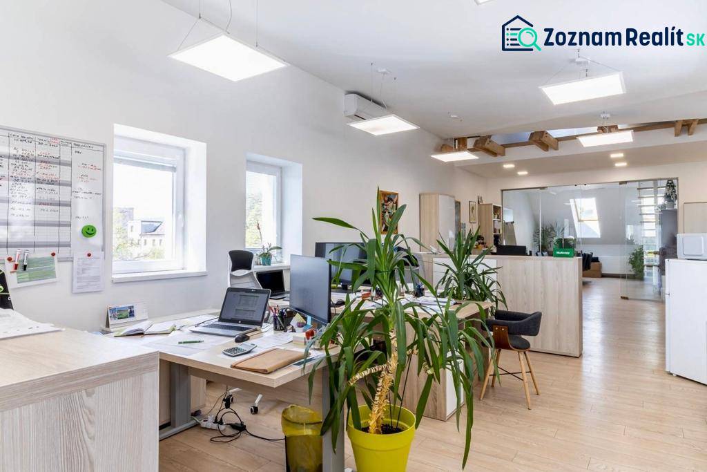 NA PRENÁJOM-Kancelársky priestor-Košice-Staré mesto,Masarykova ul. - Osvetlené kancelárie s počítačmi, rastlinami a podlahou s dreveným dekorom.