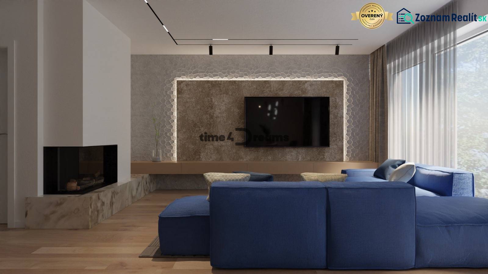 NA PREDAJ ‼️POSLEDNÉ 2 ‼️- 4 izbové radové domy v Ivánke pri Nitre - Obývačka s tmavomodrým gaučom, televízorom, krbom a dizajnovou stenou na Gergeľova. Rodinný dom.