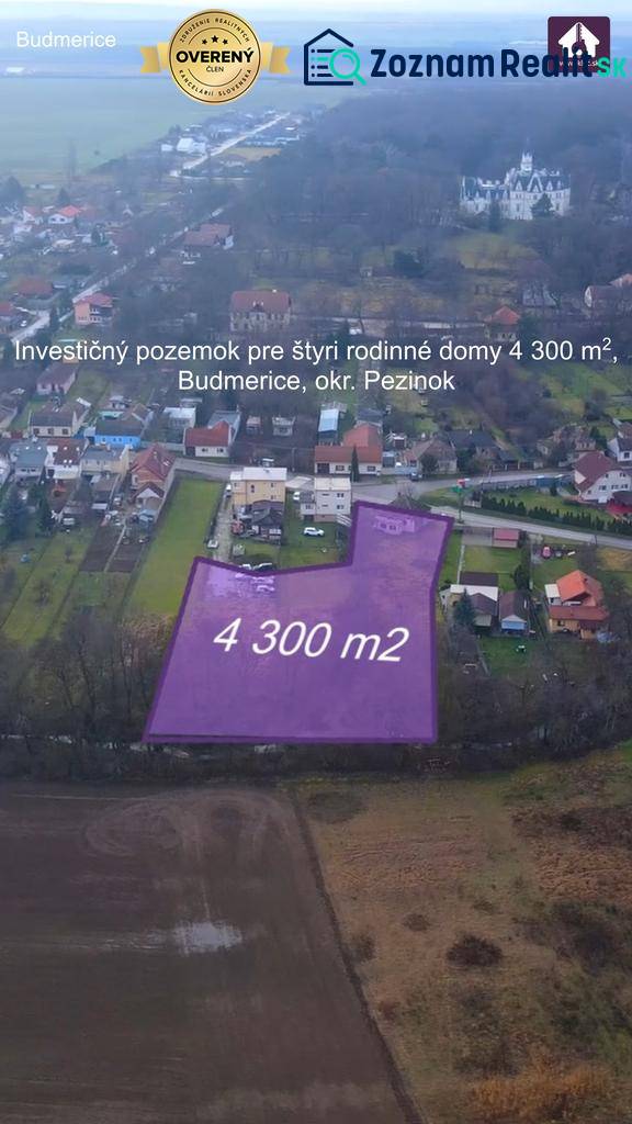 Stavebný pozmok s možnosťou delenia..Výhodná cena 55,- Eur/m2! - Pozemok určený pre bývanie v Budmericiach, ideálny pre štyri rodinné domy.