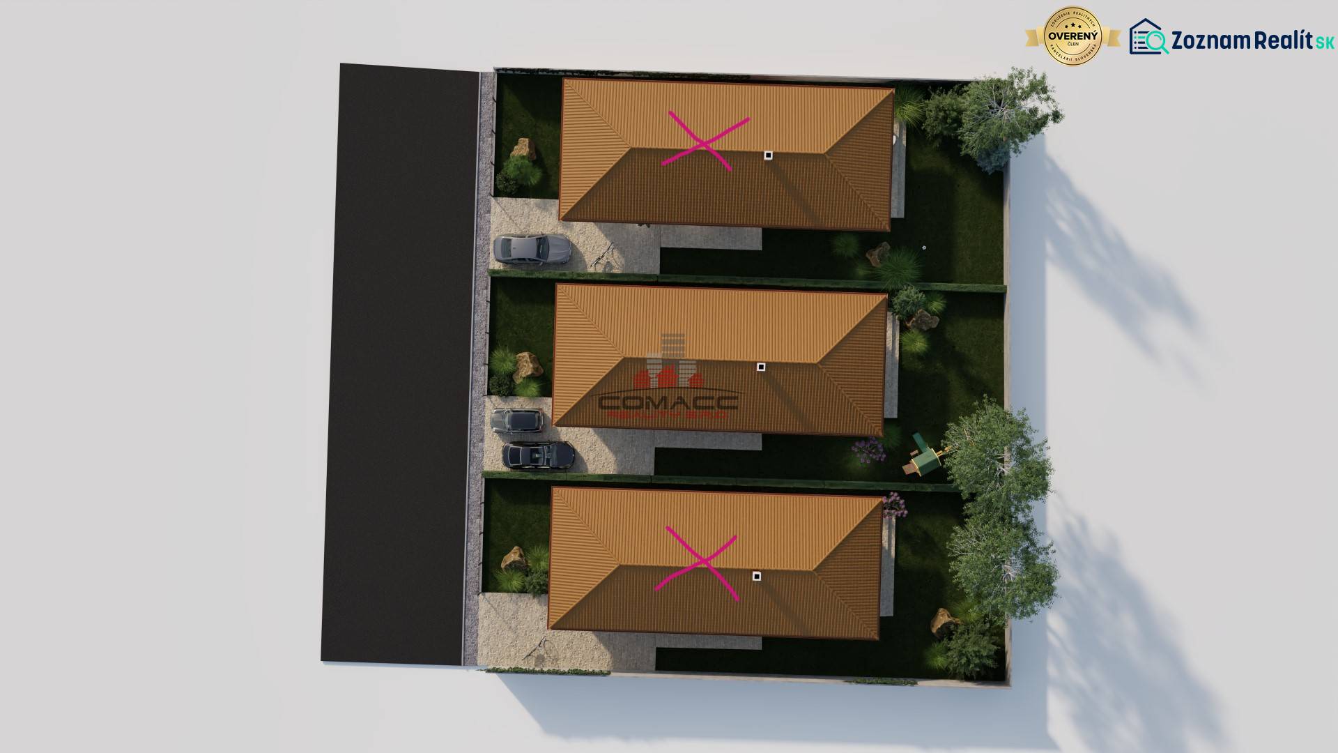 Nová výstavba posledná  4iz. Novostavba Veselé pri Piešťanoch - Letecký pohľad na tri rodinné domy v Veselom na ulici Veselé s okolitou záhradou.