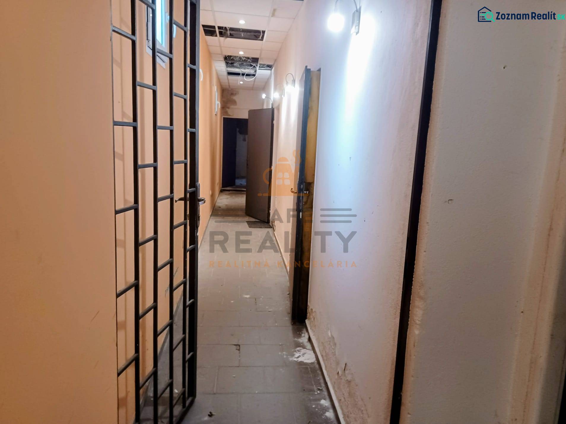 Na prenájom nebytový priestor o výmere 59 m², Bratislava, Štúrova - Úzky chodba s kovovou mrežou a osvetlením v obchodných priestoroch.