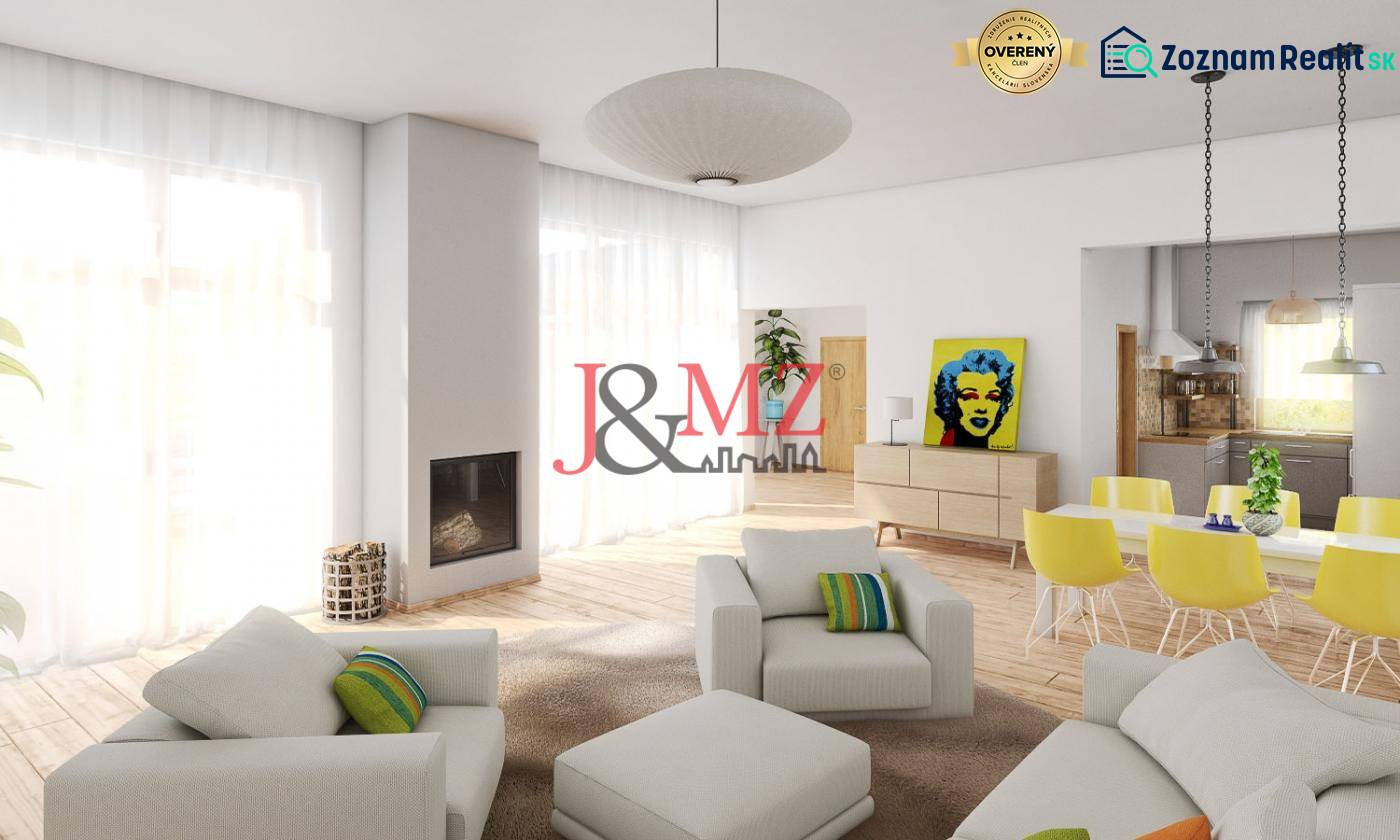 Na predaj výnimočný átriový rodinný dom s dvojgarážou v obci Dolná Seč - Interiér s podlahou s dreveným dekorom, pohodlným sedením a dekorom v rodinnom dome.