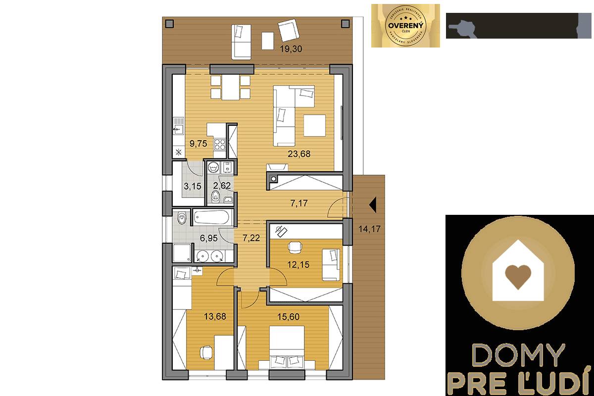Krásny 4 izbový RD bungalov 101,65 m2 na pozemku 531 m2, Senec - Pôdorys rodinného domu s podlahou s dreveným dekorom a priestrannými miestnosťami.