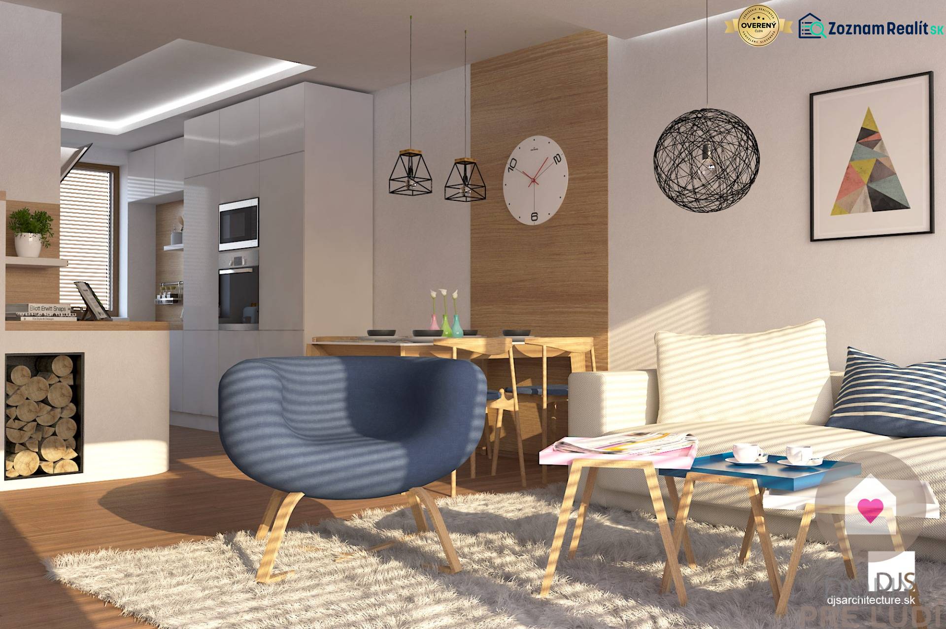 Praktický a úsporný rodinný dom v Bernolákove, Jelšova - Obývačka v rodinnom dome s kobercom, kreslom a jedálenským stolom, podlaha s dreveným dekorom.