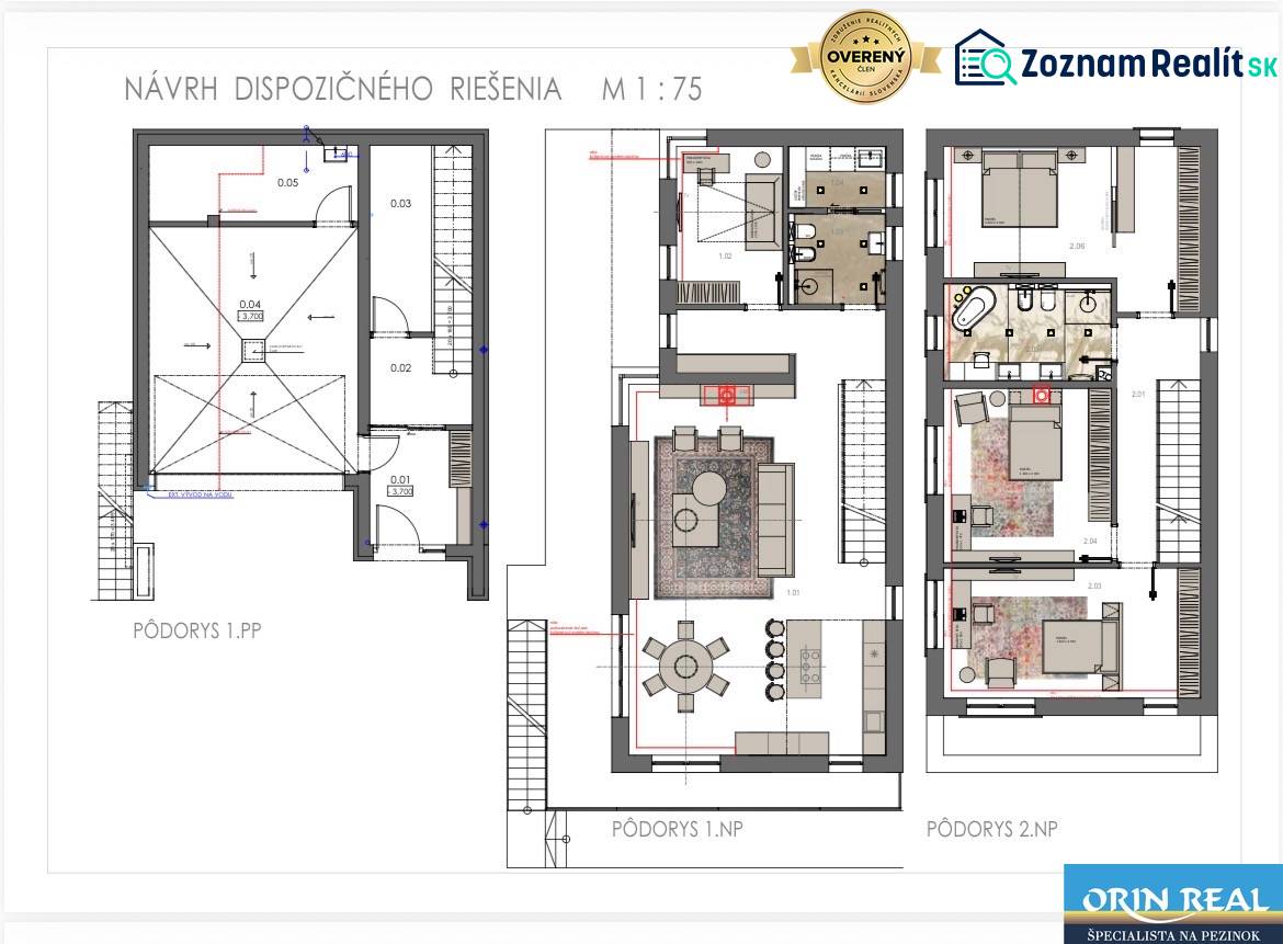 ATRAKTÍVNA MODERNÁ 5 IZB.ROZOSTAVANÁ VILA na KOLIBE - Pôdorysy pre rodinný dom s tromi podlažiami a detailným usporiadaním interiéru.