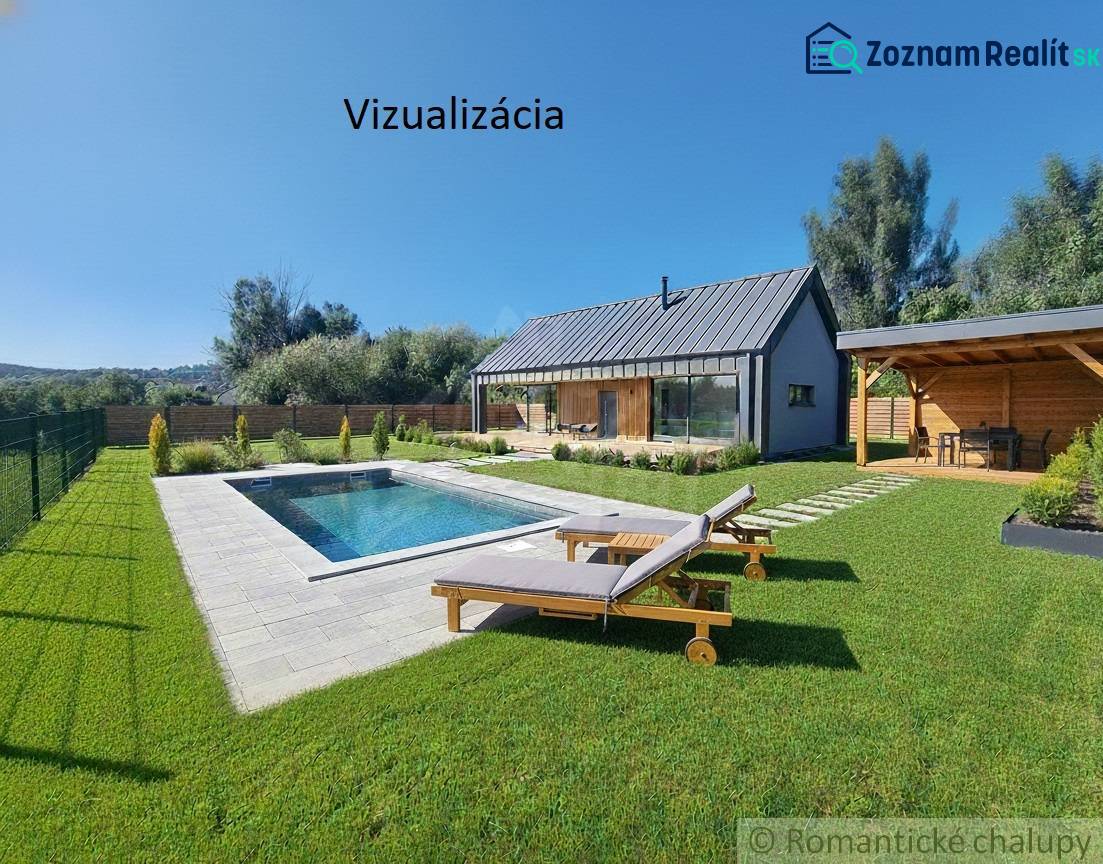 Stavebný pozemok pri Nitre so stavebným povolením v tichej lokalite - Vizualizácia domu s bazénom a altánkom na pozemku v Hosťovej, vhodné na bývanie.