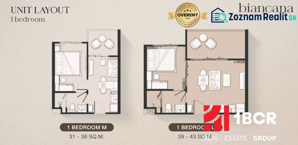 1 SPÁLŇOVÝ APARTMÁN BIANCANA PHUKET - Pôdorysy 2-izbového bytu s rozmermi 31-43 m², vrátane obývacej izby a kuchyne.