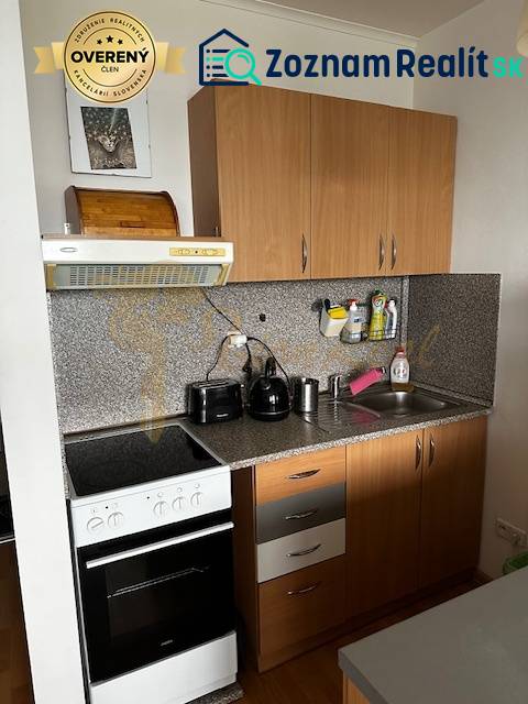 1-izb. byt, Tomášikova, Nové Mesto, Koloseo, lodžia - Kuchyňa v 1-izbovom byte s kuchynskou linkou a spotrebičmi, podlaha s dreveným dekorom.
