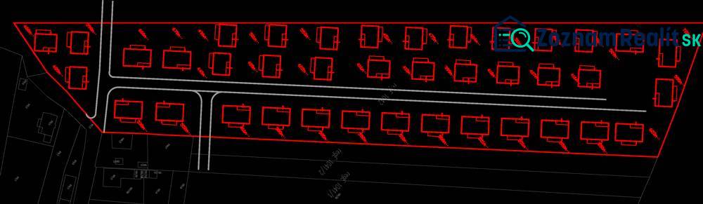 4.ETAPA!!! MODERNÁ NOVOSTAVBA - 4 izbový nízkoenergetický bungalov vys - Plán pozemku s rozmiestnením rodinných domov a cestou, červené kontúry zvýrazňujú umiestnenie.