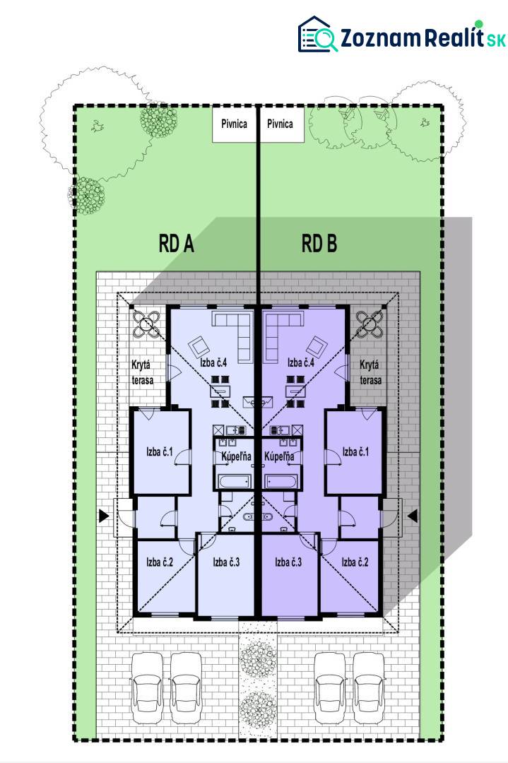 4izbový rodinný dom - Horná Potôň - Pôdorys dvoch rodinných domov v Hornej Potôni na Dlhej ulici, záhradné usporiadanie.