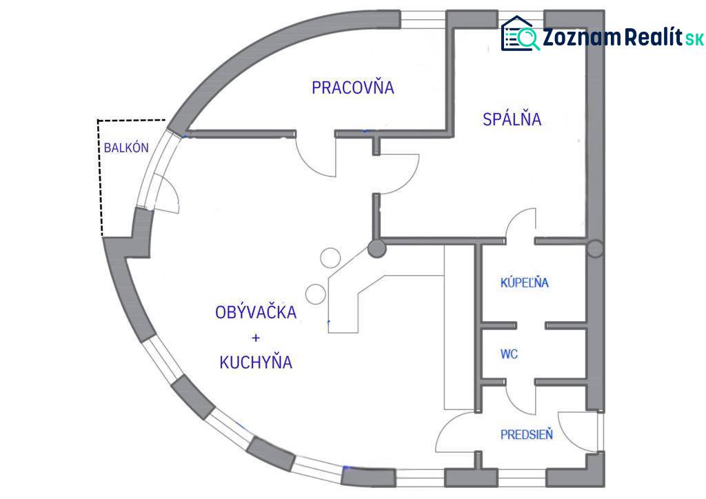 ☎️0918197701  Na prenájom  elegantný 3 izbový byt priamo v centre Duna - Pôdorys 3-izbového bytu s balkónom, pracovňou, obývačkou s kuchyňou, kúpeľňou a WC.