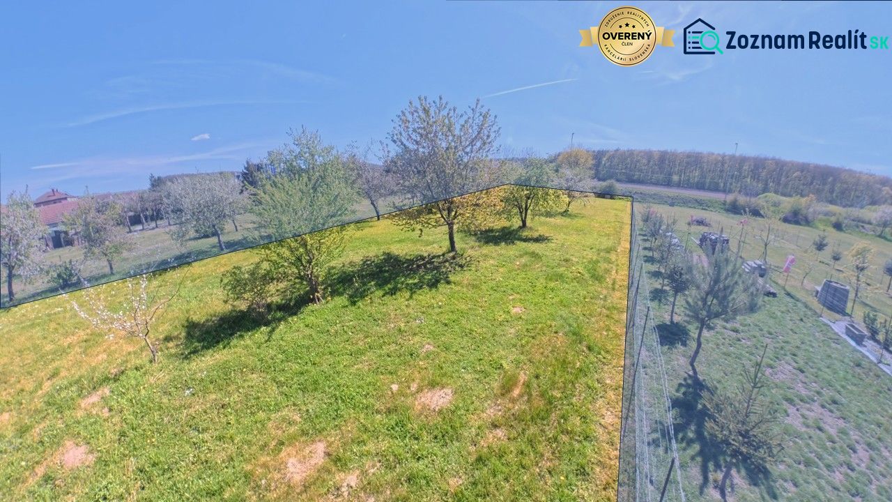 Dobré Reality ponúkajú rodinný dom s veľkou záhradou v obci Svinná  - Záhrada s ovocnými stromami pri rodinnom dome v Svinej pod modrou oblohou.